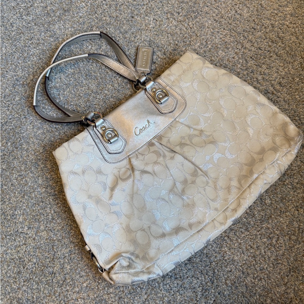Coach Ashley signature large satchel carryall bag silver Cs
